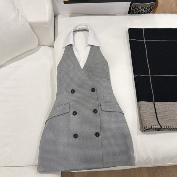 NWT Zara Houndstooth Collared Mini Halter Double breasted Suit Dress XS 9068/589 - Picture 6 of 7